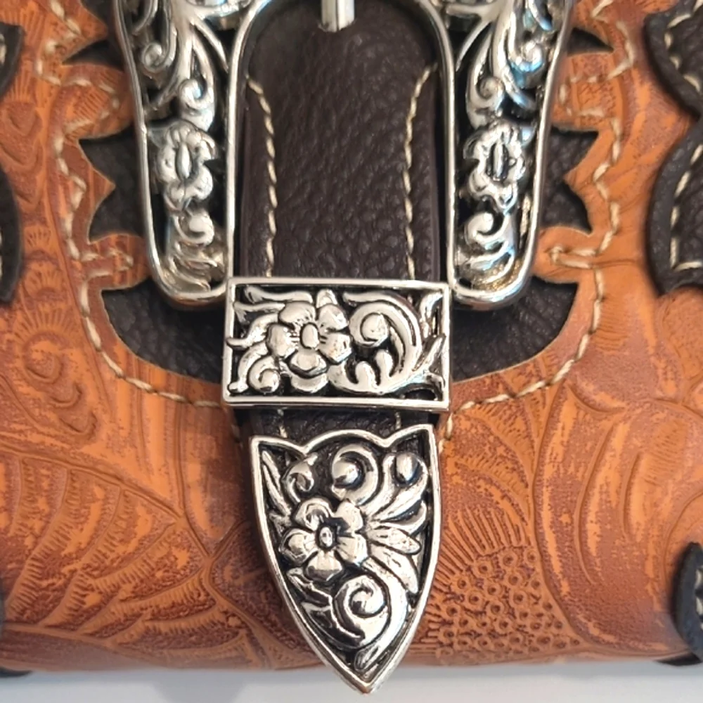 Zip Around Western Wallet Mini Clutch Laser Engraved PU Leather Floral Tooling